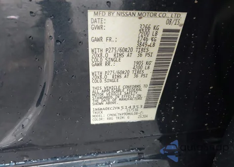 2015 Nissan Titan S/Sv/Sl/Pro-4X z USA, uszkodzony, nr VIN 1N6BA0EC2FN514353